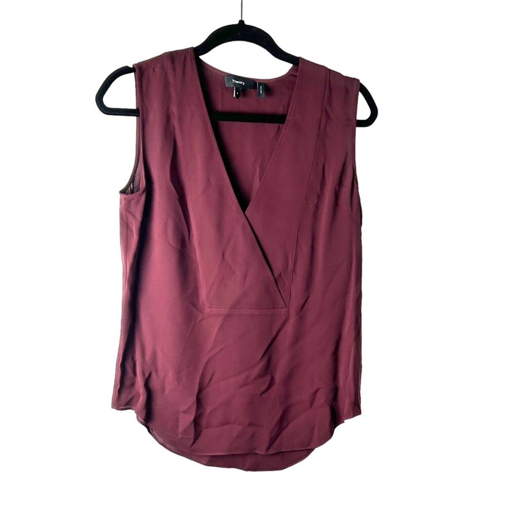 Theory Petite Tall Burgundy Silk V-Neck Top EC